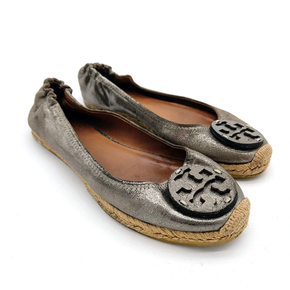 Tory Burch Reva Espadrille Flats Size 7 Bronze Metallic Leather Slip On READ